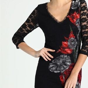 Desigual: Lace  V-Neck Dress with Red, Black and Gray